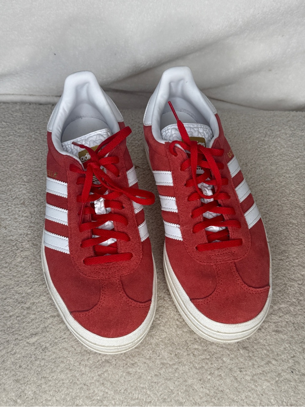 Adidas Gazelle Red Suede Sneakers with White Stripes and thick sole